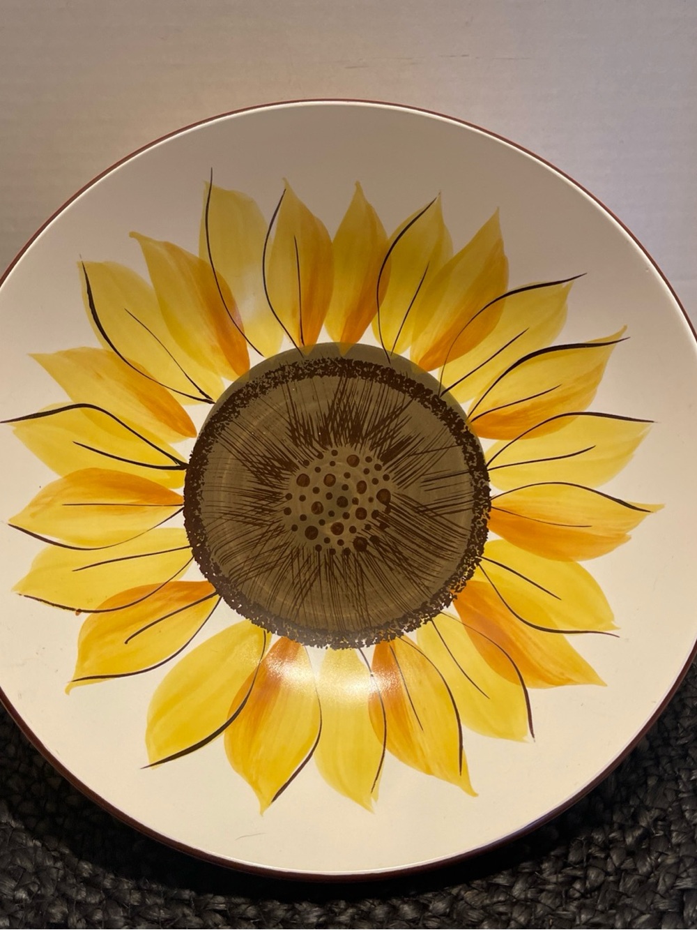 1970s Hand-Painted Sunflower Fruit Bowl Stoneware Yellow 10”Diameter